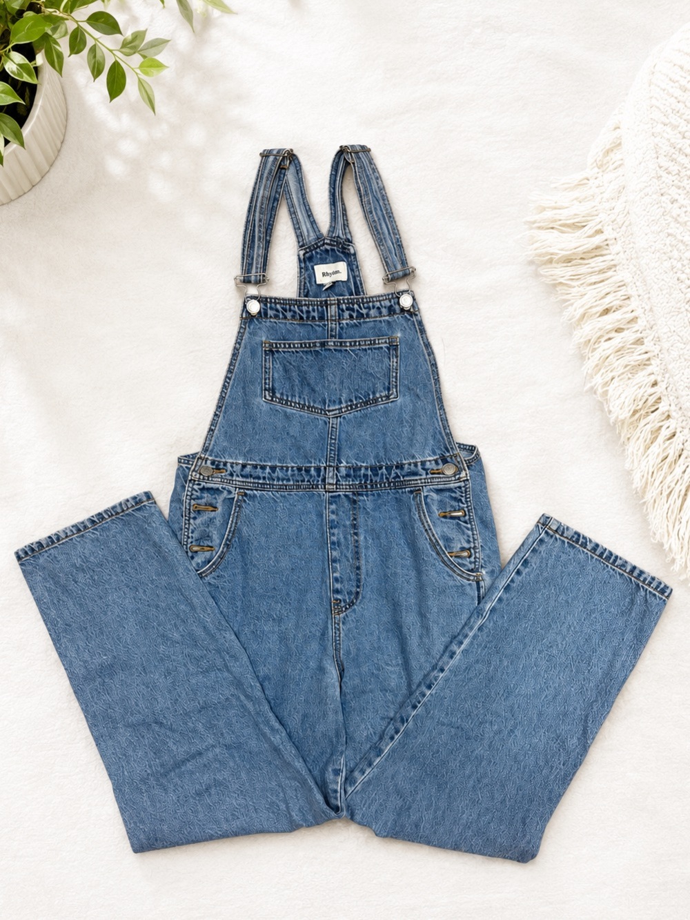 Rhythm Denim Overalls Medium Wash Straight Leg Size S - Picture 1 of 5